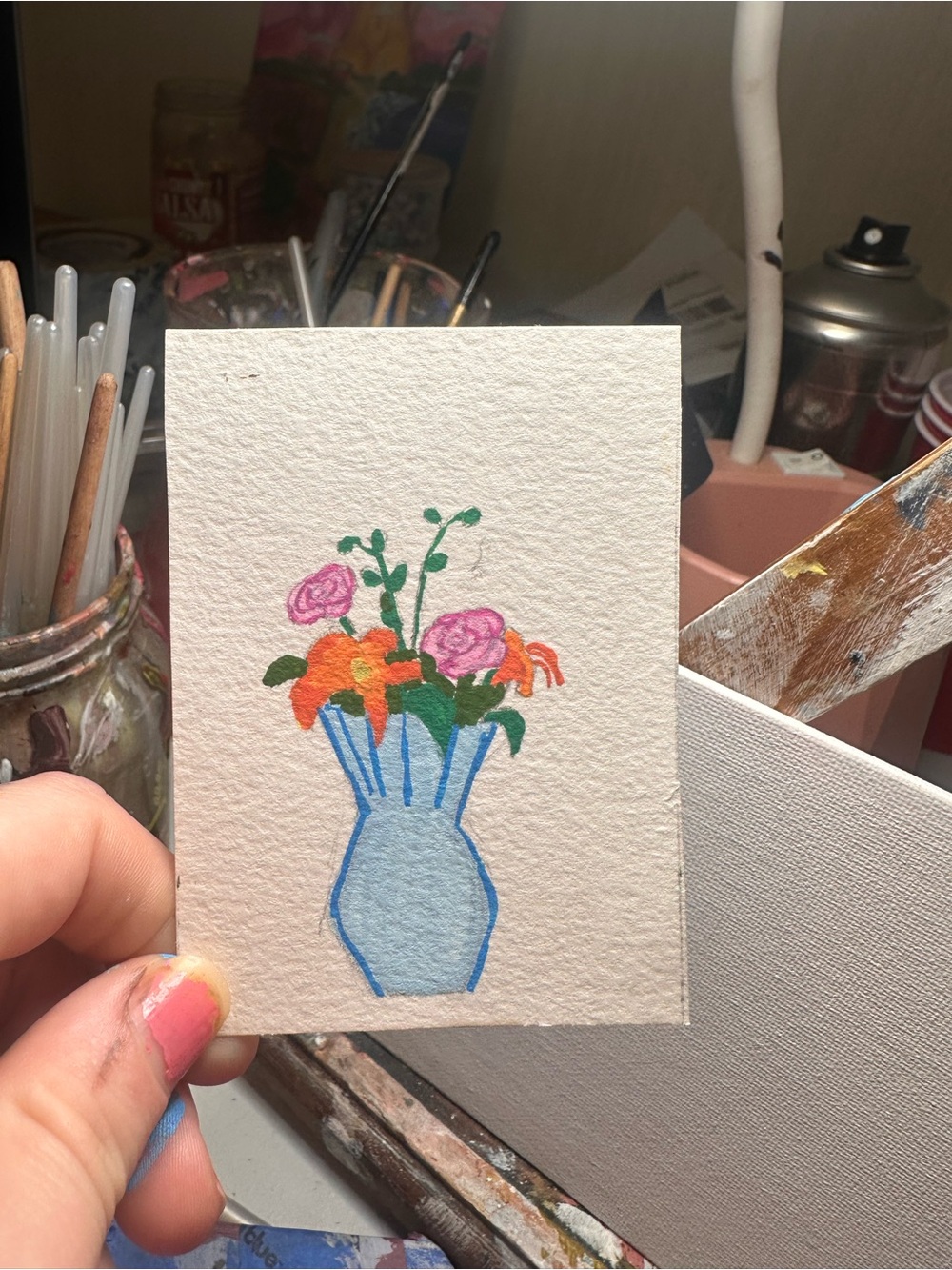 Hand-Painted Blue Vase Floral Art Print - Pink & Orange Bouquet